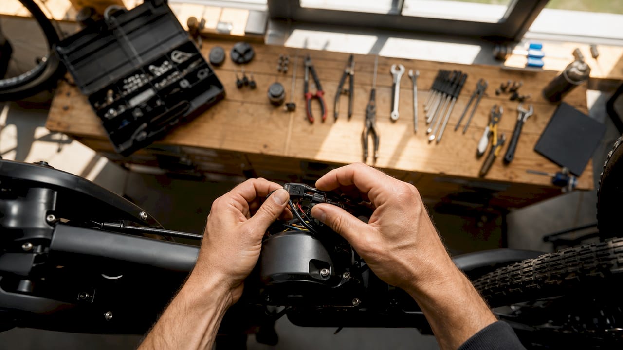 Plaats de connector van de e-bike motor weer terug met je handen.