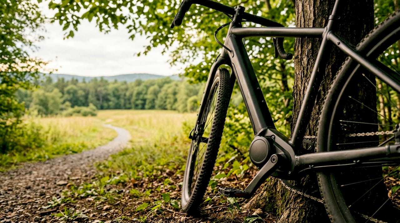 Detailopname van de middenmotor van een elektrische gravelbike in de werkplaats