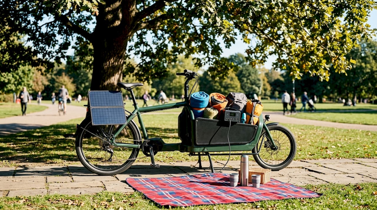 Bakfiets met zonnedak en complete kampeeruitrusting