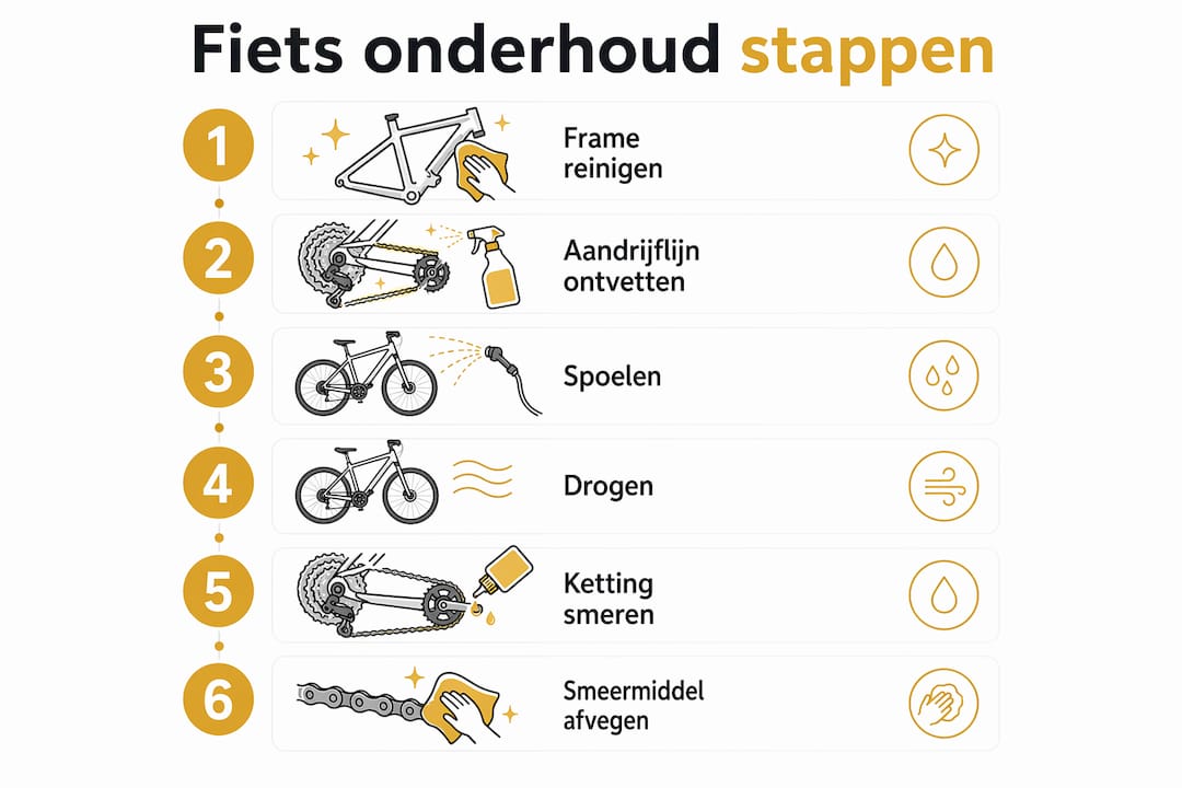 Overzichtelijke infographic met een handig stappenplan voor het onderhouden van je fiets