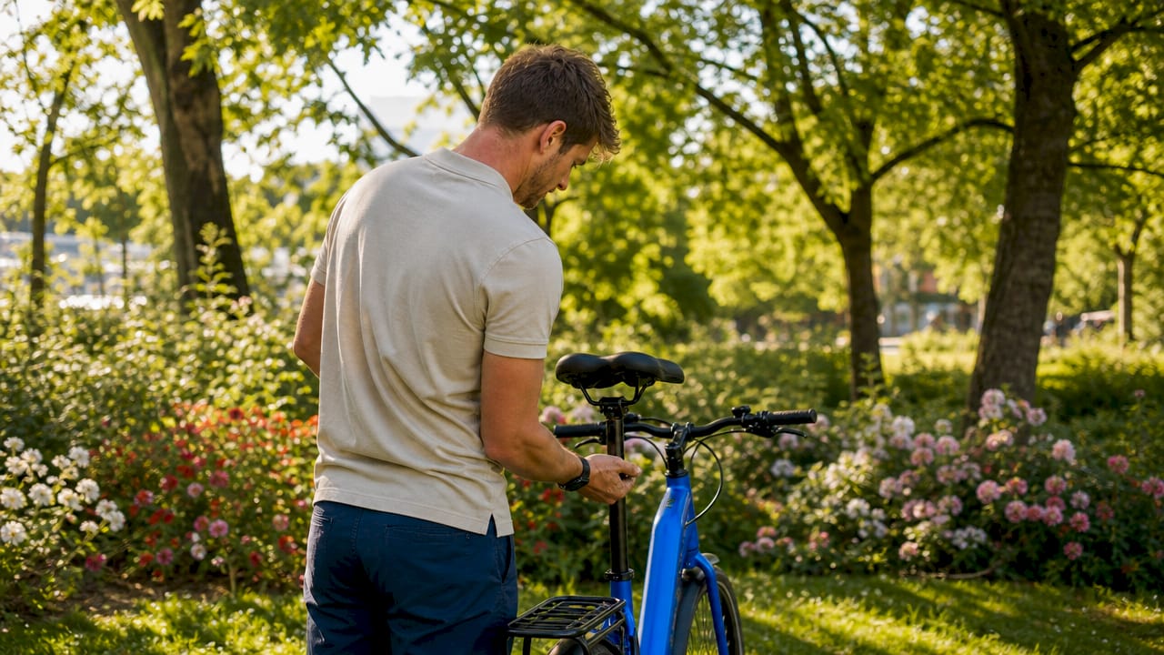 Iemand stelt buiten het zadel van zijn fiets af