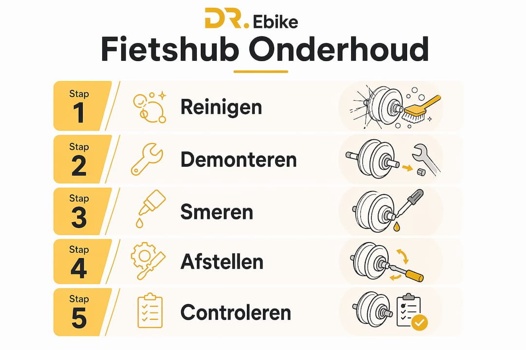 Overzichtelijke infographic: zo onderhoud je stap voor stap jouw fietshub