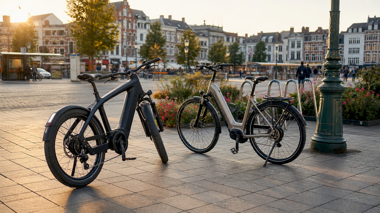 Zijaanzicht van een elektrische stadsfiets en een speed pedelec naast elkaar