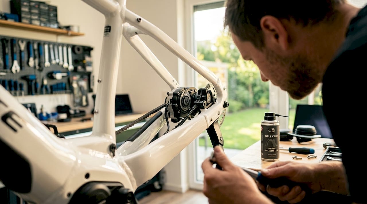 Een close-up van de sensor van een e-bike, terwijl een monteur van achteren aan het werk is in de werkplaats.