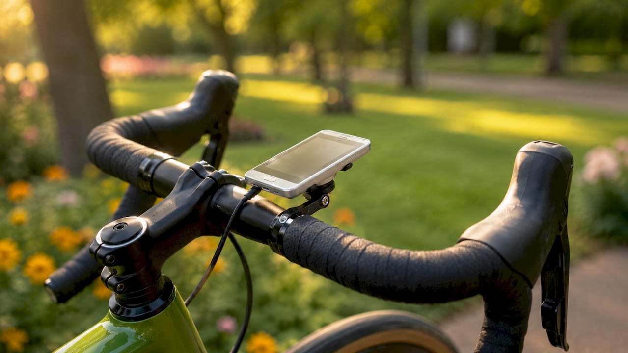 Detailopname van een fietscomputer op het stuur van een fiets