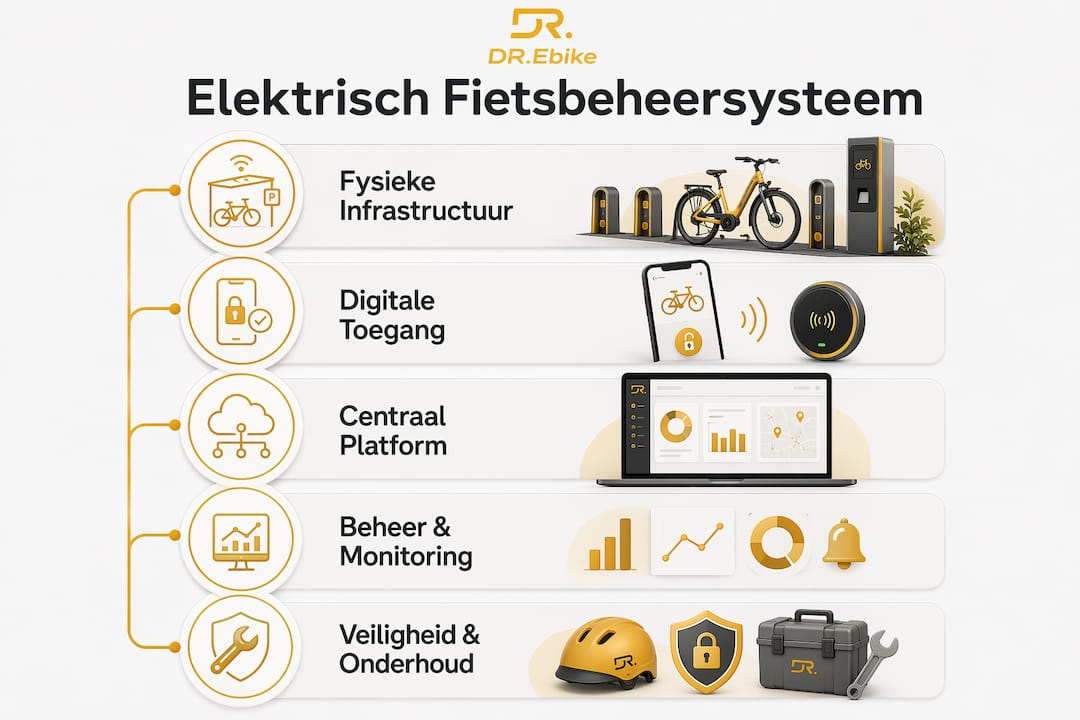 Overzichtelijke infographic met de vijf belangrijkste onderdelen van een fietsbeheersysteem