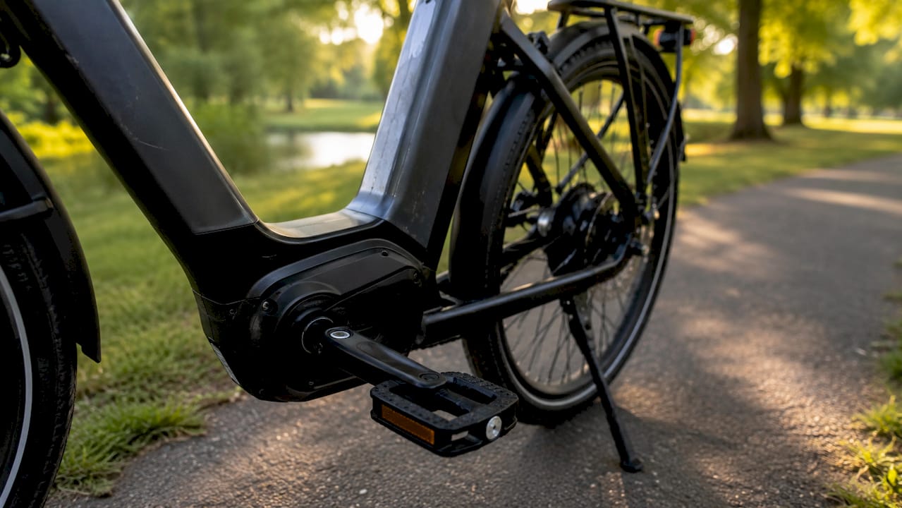 Detailopname van de motor die de trapondersteuning bij een pedelec verzorgt