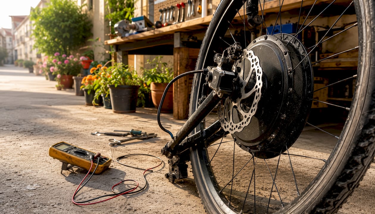 Close-up van het remsysteem en de naaf van een e-bike wiel, met oog voor detail.