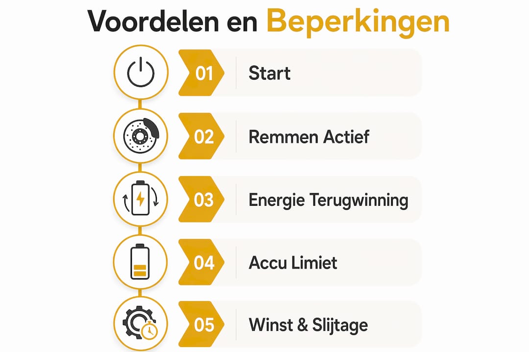 Infographic: de pluspunten én beperkingen van energie terugwinnen met je e-bike overzichtelijk in beeld.