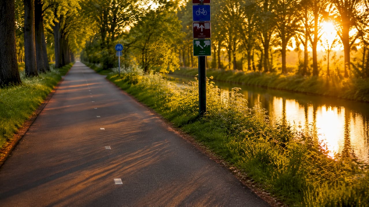 Een fietspad langs het kanaal, terwijl de zon langzaam ondergaat – dat is pas genieten.