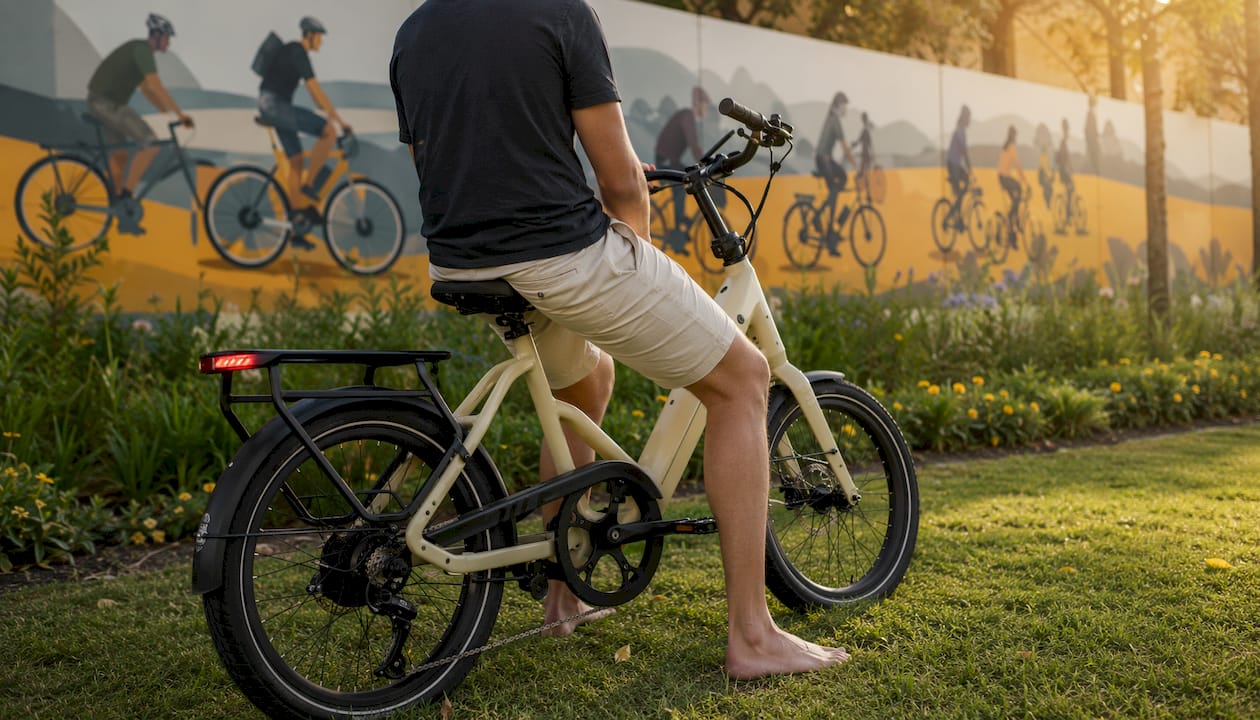 Man op een kleine stadsfiets gezien vanaf de achterkant