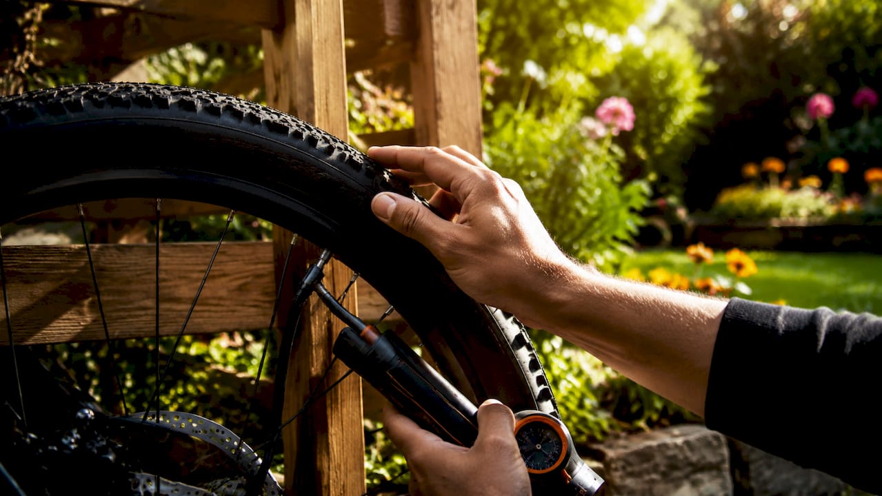 Een man controleert de spanning van zijn fietsband en pompt hem vervolgens op.