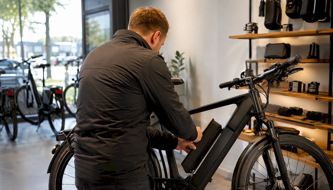 Iemand stelt het voorwiel van zijn e-bike af bij een fietsstation.