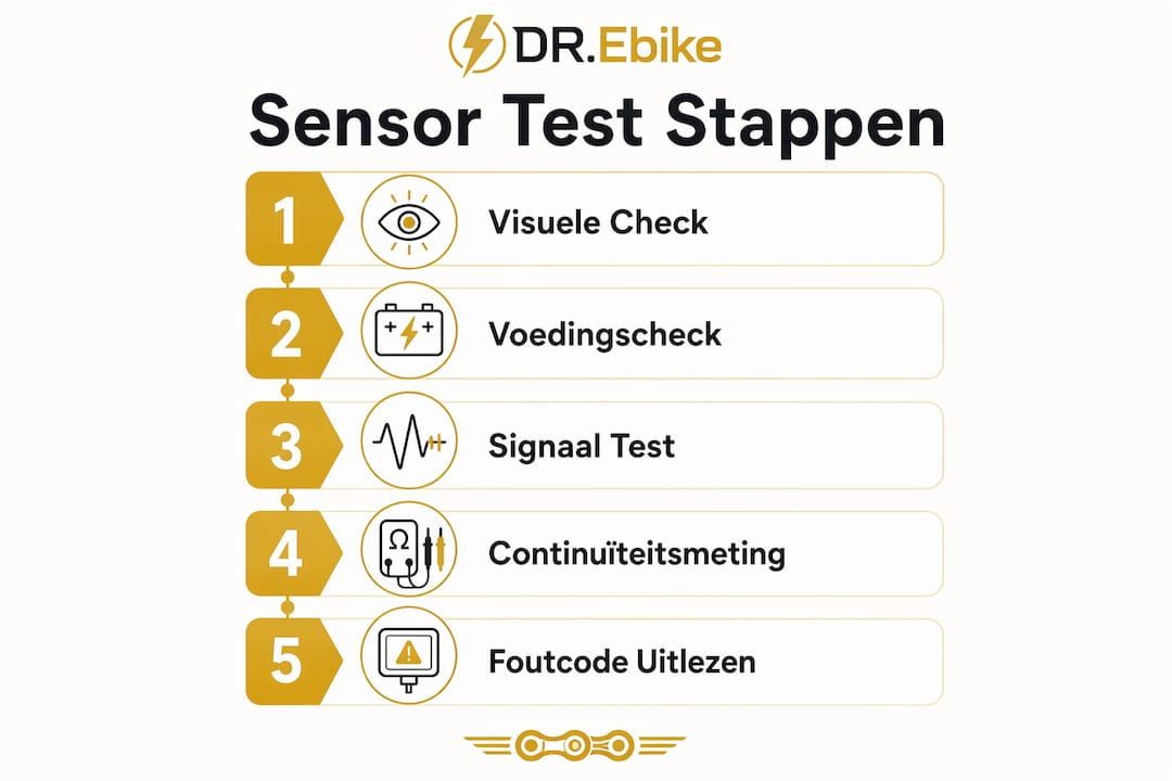 Overzichtelijke infographic met een stap-voor-stap uitleg van de sensortests voor e-bikes