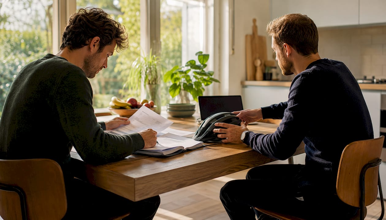 Twee mannen zitten aan het bureau en nemen samen de papieren door voor het leasen van een fiets.