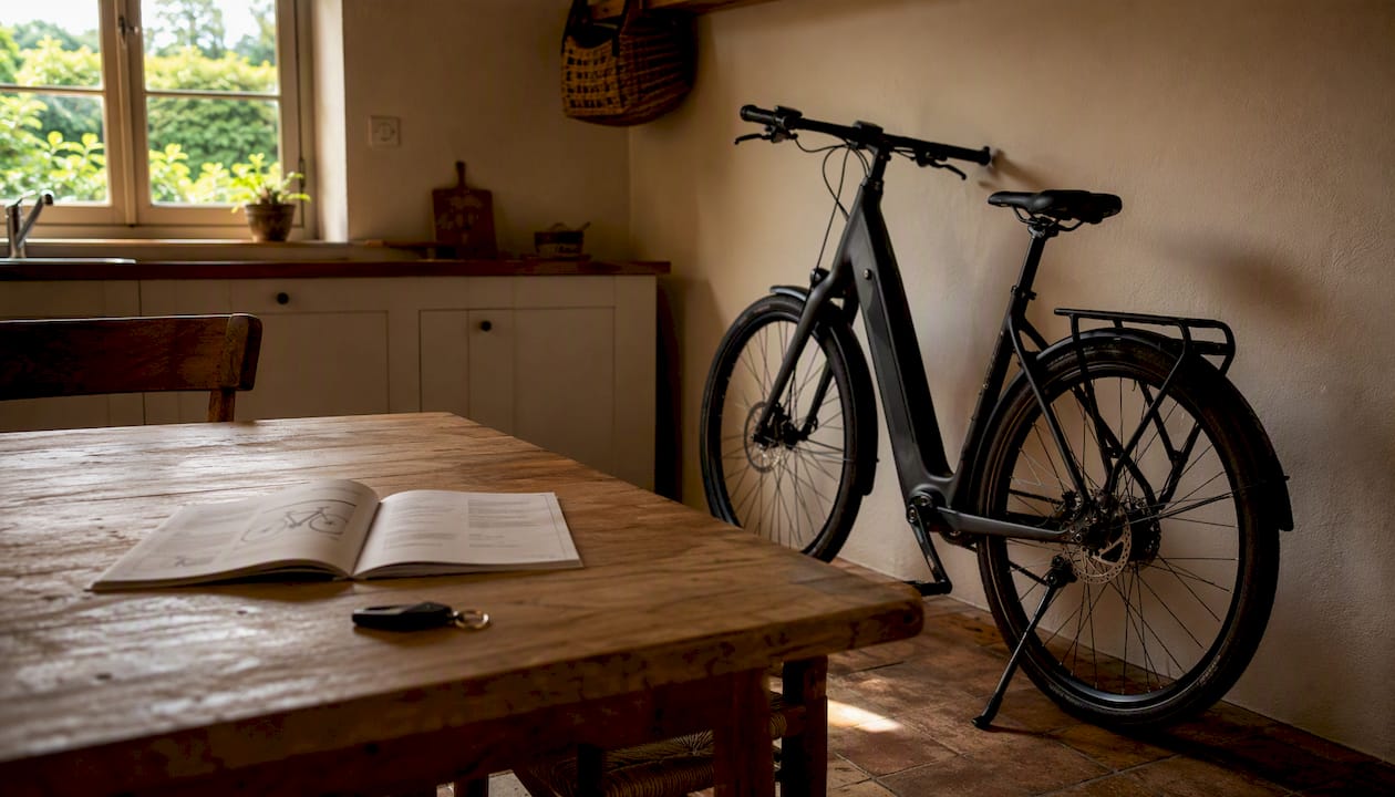 Een elektrische fiets staat in de woonkamer, compleet met een handleiding en een tablet erbij.