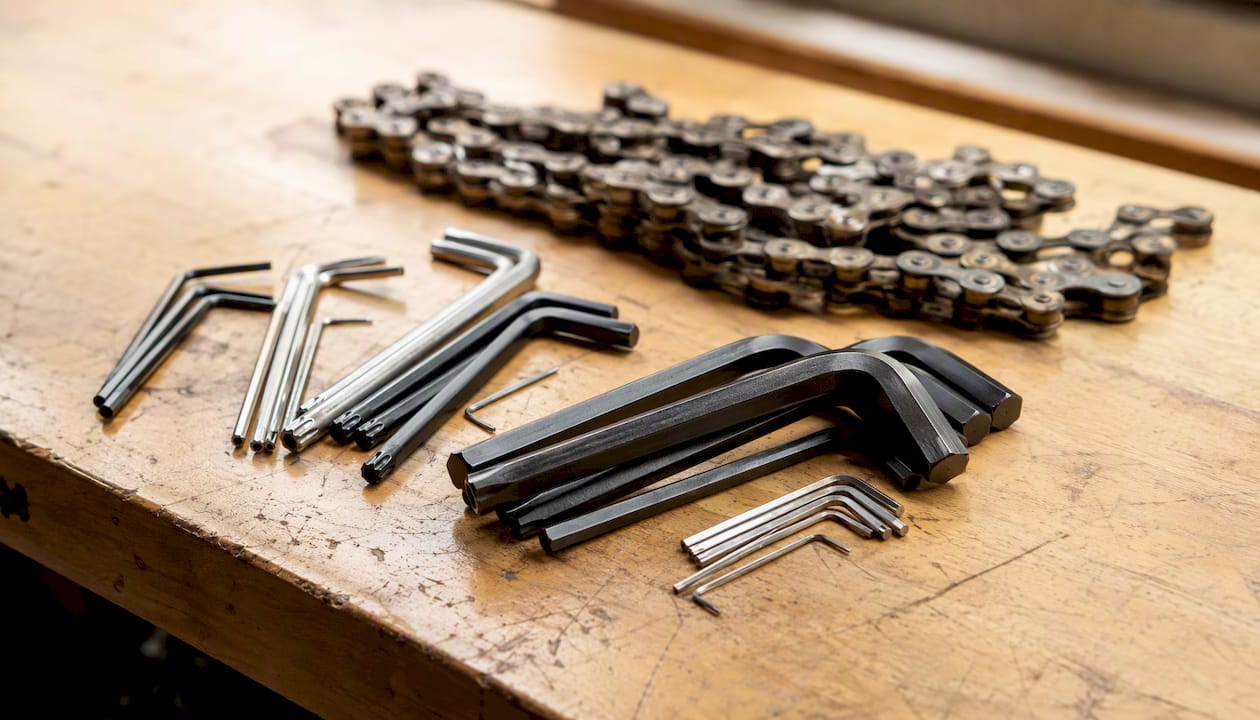 Een set inbussleutels en Torx-doppen ligt klaar op de werkbank.