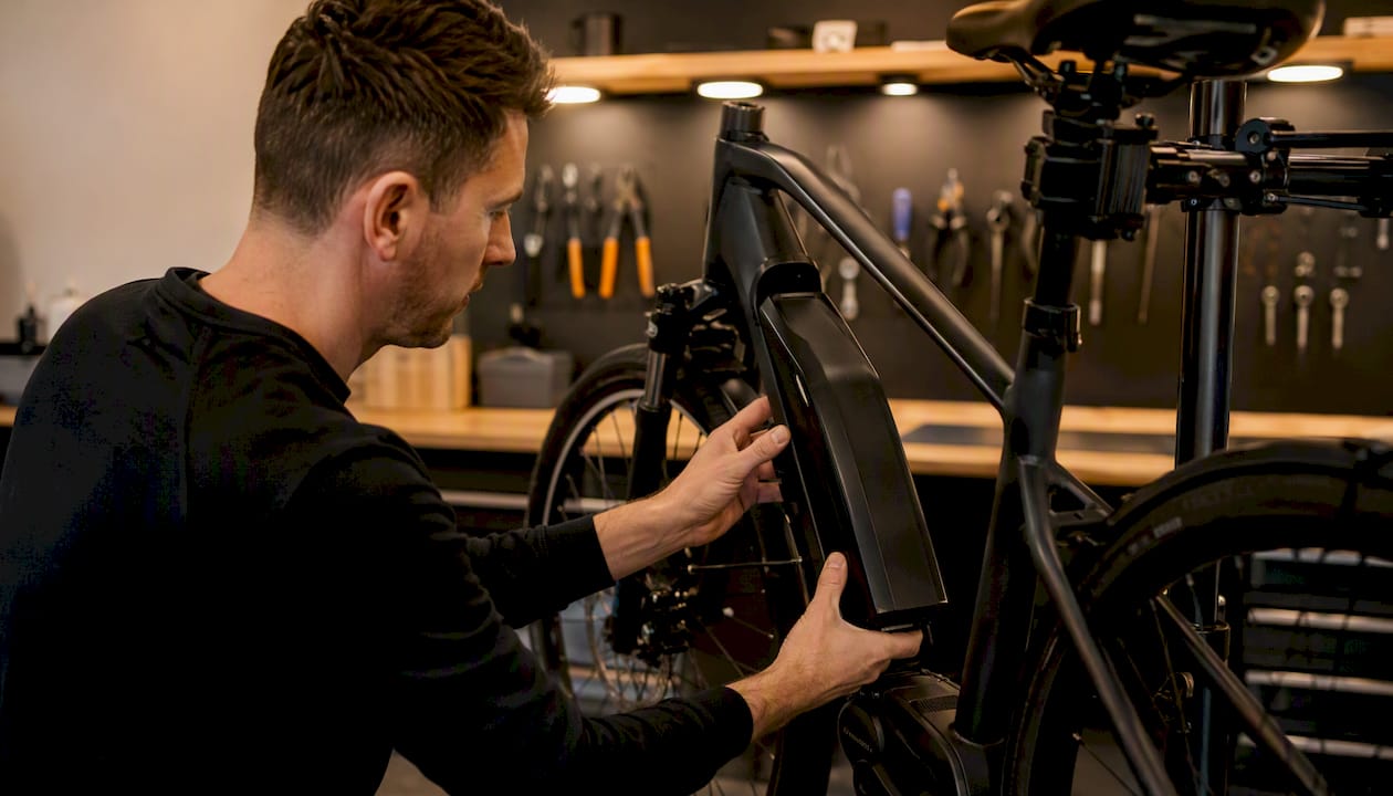 Man plaatst accu in het frame van zijn e-bike