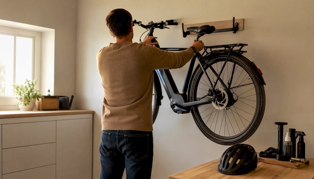 Een man zet zijn e-bike binnen neer, gezien vanaf de achterkant.