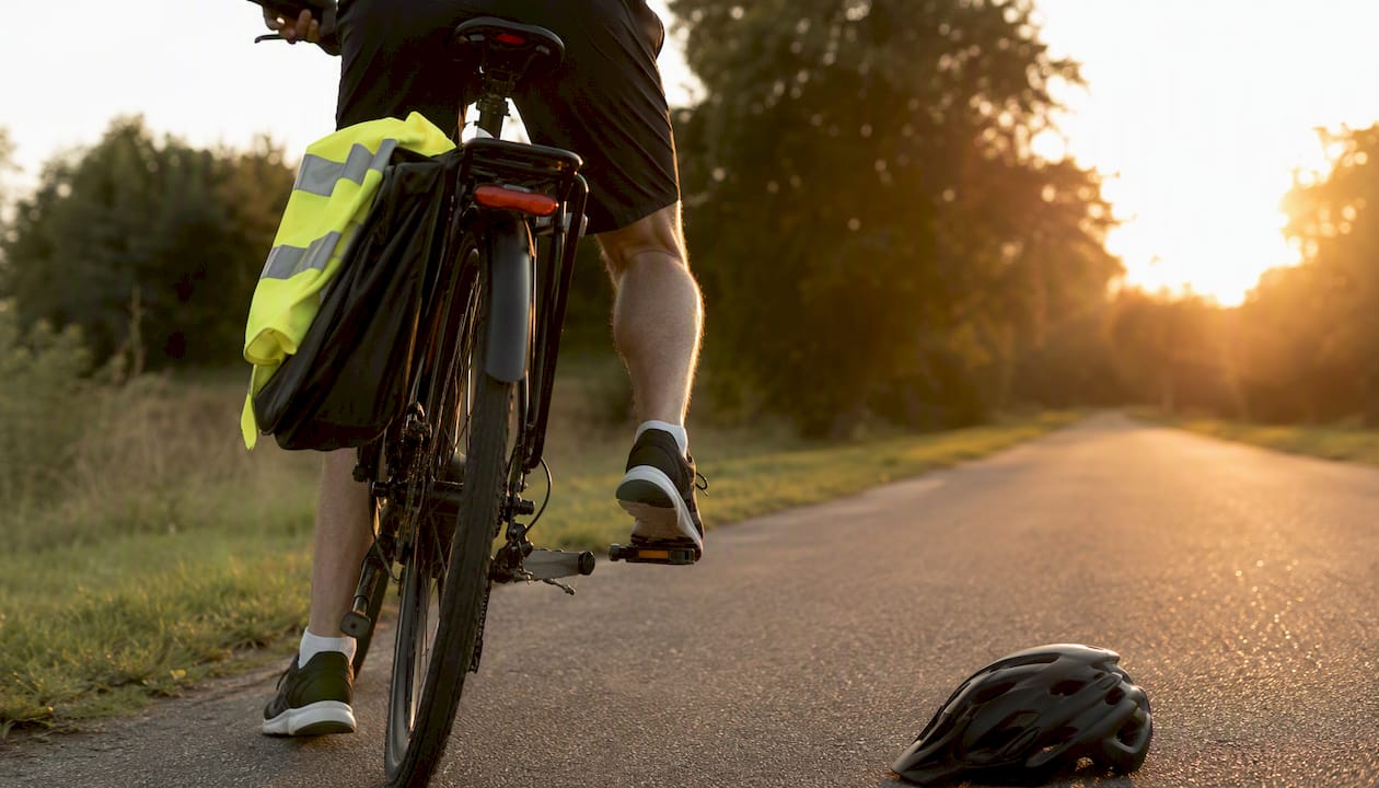 Man oefent het wegrijden en stoppen op de fiets, gezien van achteren.