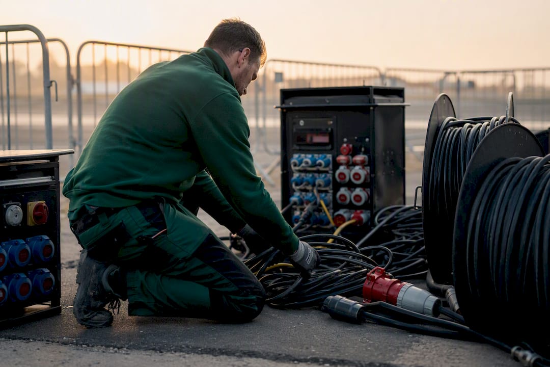 Technicus die buiten met stroomverdelingskabels werkt