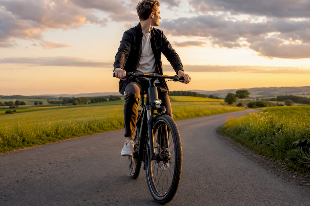 Man die op een e-bike rijdt in het Belgische landschap