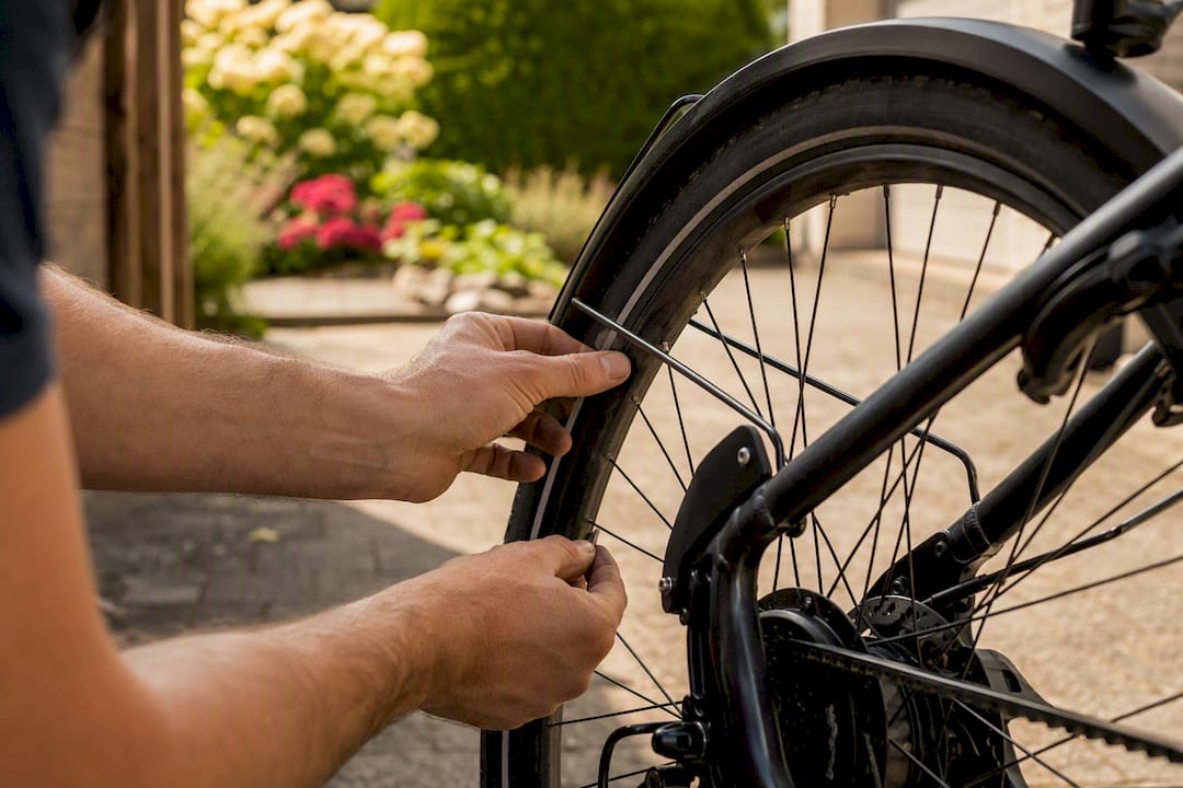 Man die de spaakspanning van een e-bike wiel controleert