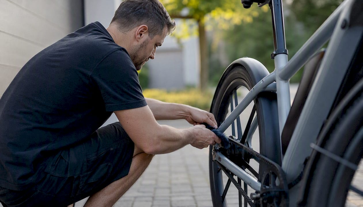 Man die de riemaandrijving van een e-bike buiten schoonmaakt