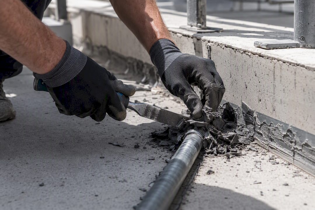 Monteur verwijdert oude afdichting, handen close-up