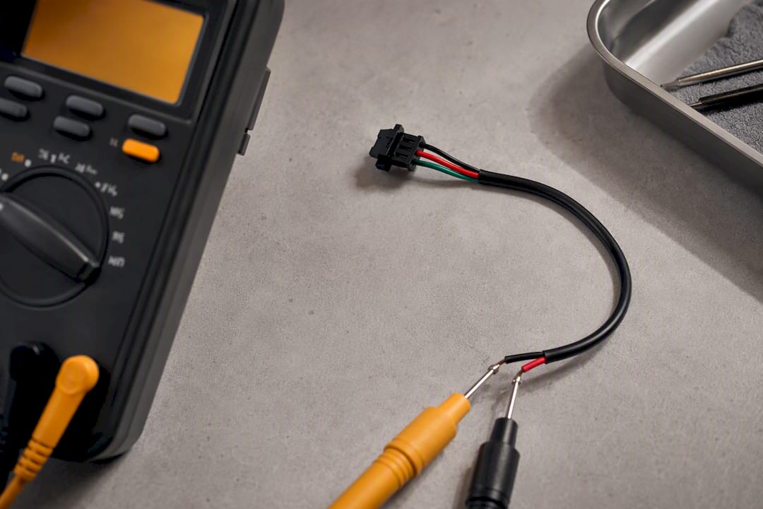 Multimeter controleert de continuïteit van een sensorkabel