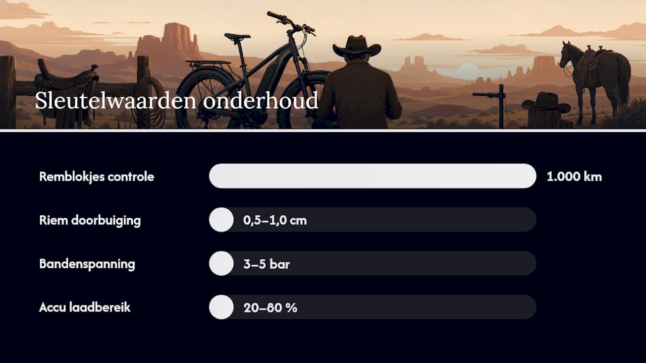 Onderhoudscheck per onderdeel: remmen, riem, banden, bouten en accu — overview diagram