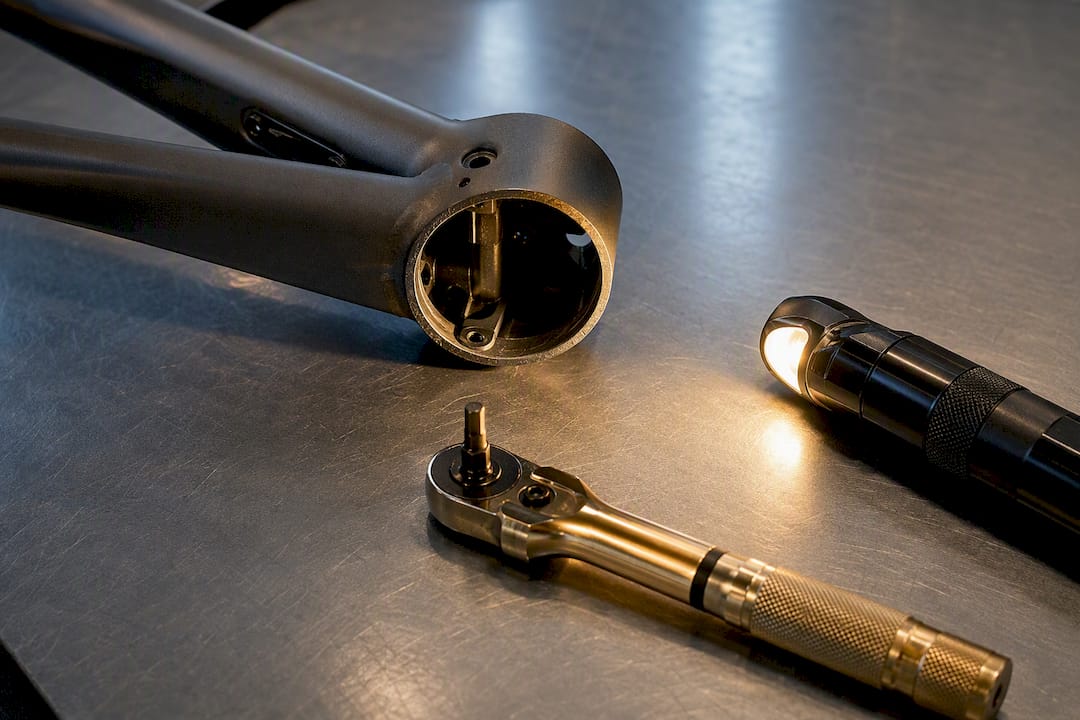 Fietsframe wordt nagekeken in de werkplaats