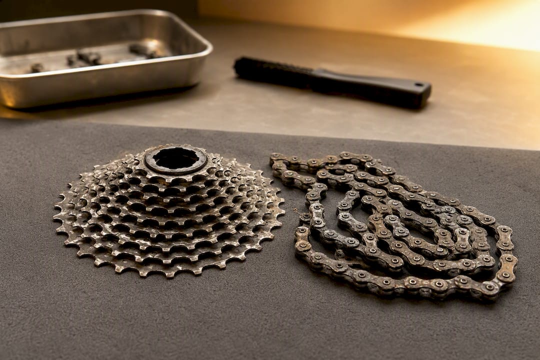 Inspectie van een versleten ketting en cassette