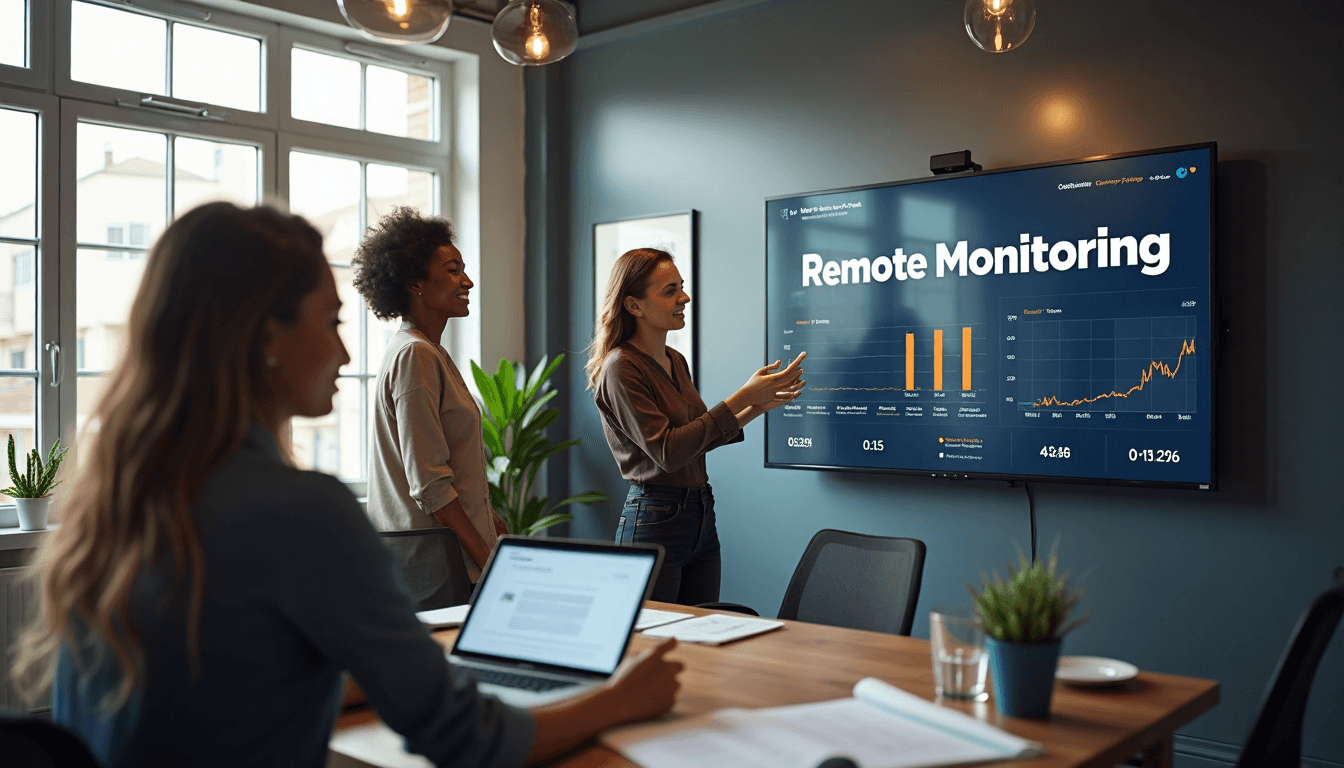 Team reviewing remote monitoring dashboard in sunny modern office