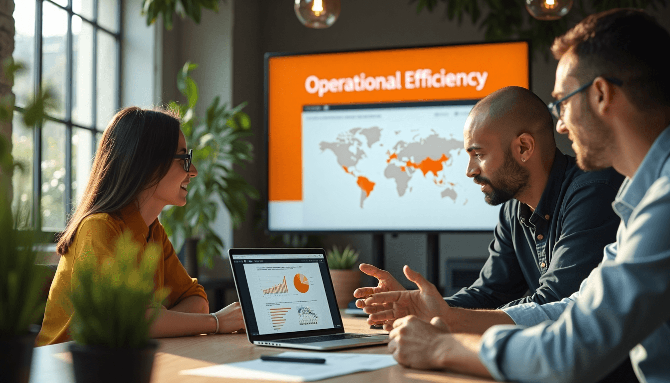 Colleagues discuss charts in naturally lit, welcoming workspace