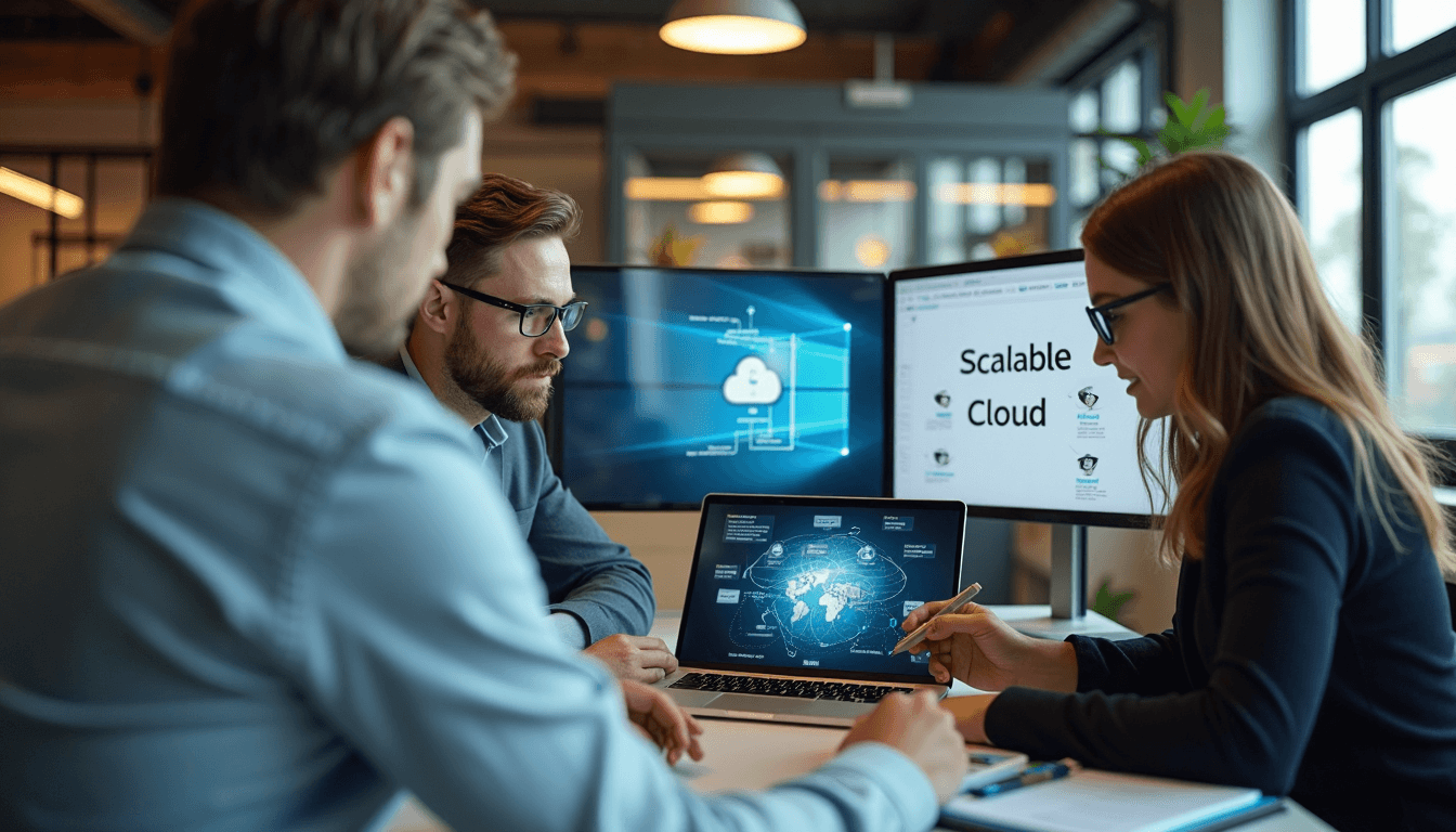 IT team working together on scalable cloud computing solutions