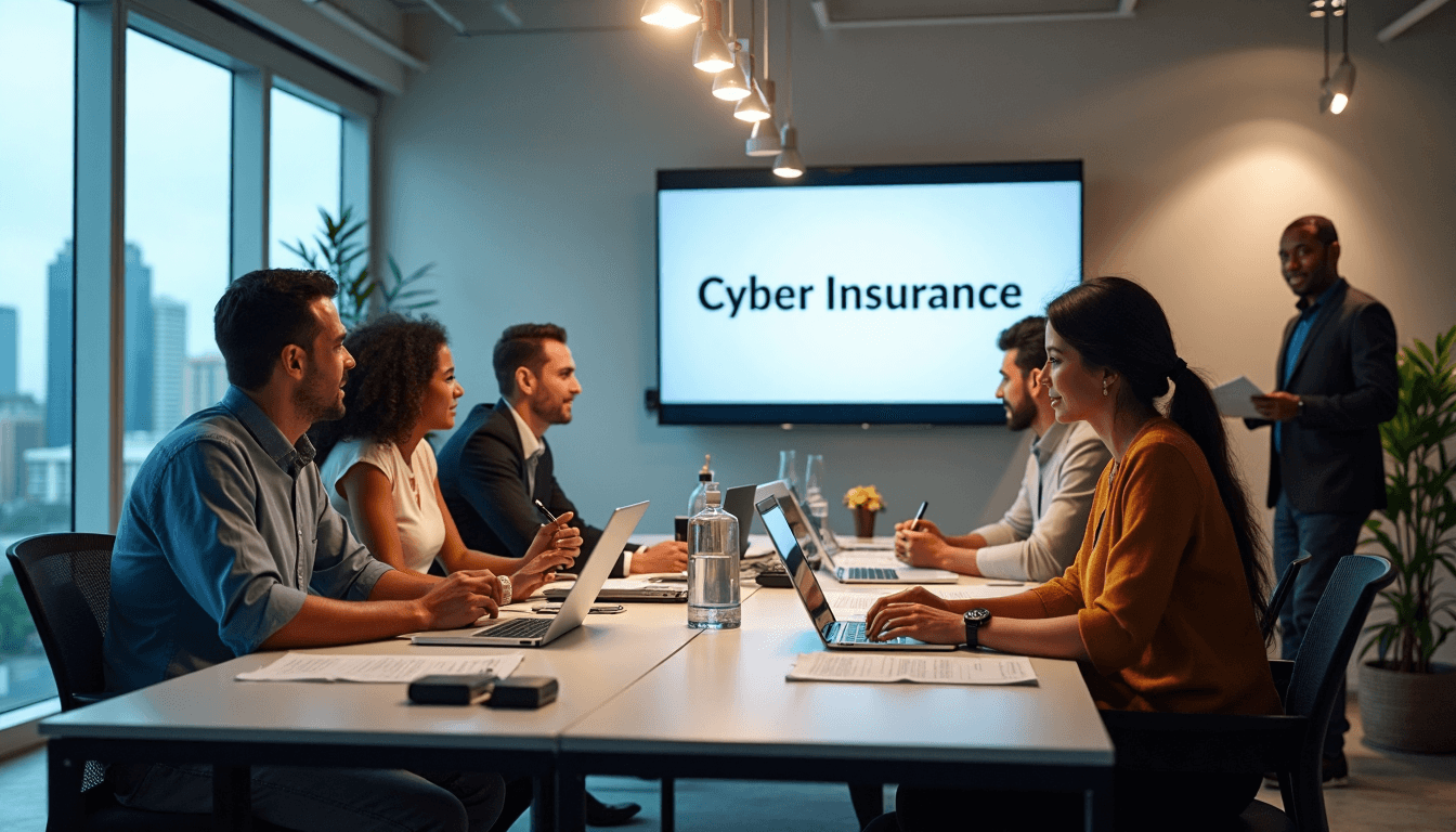 South African business team discussing cyber insurance in an office with screen displaying 'Cyber Insurance'