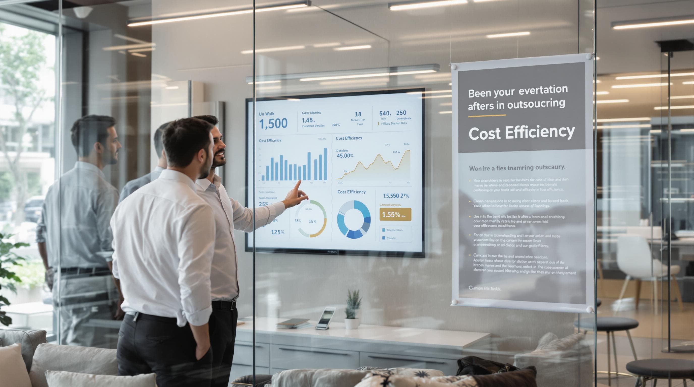 IT consultants show bank staff a cost efficiency dashboard in an open office