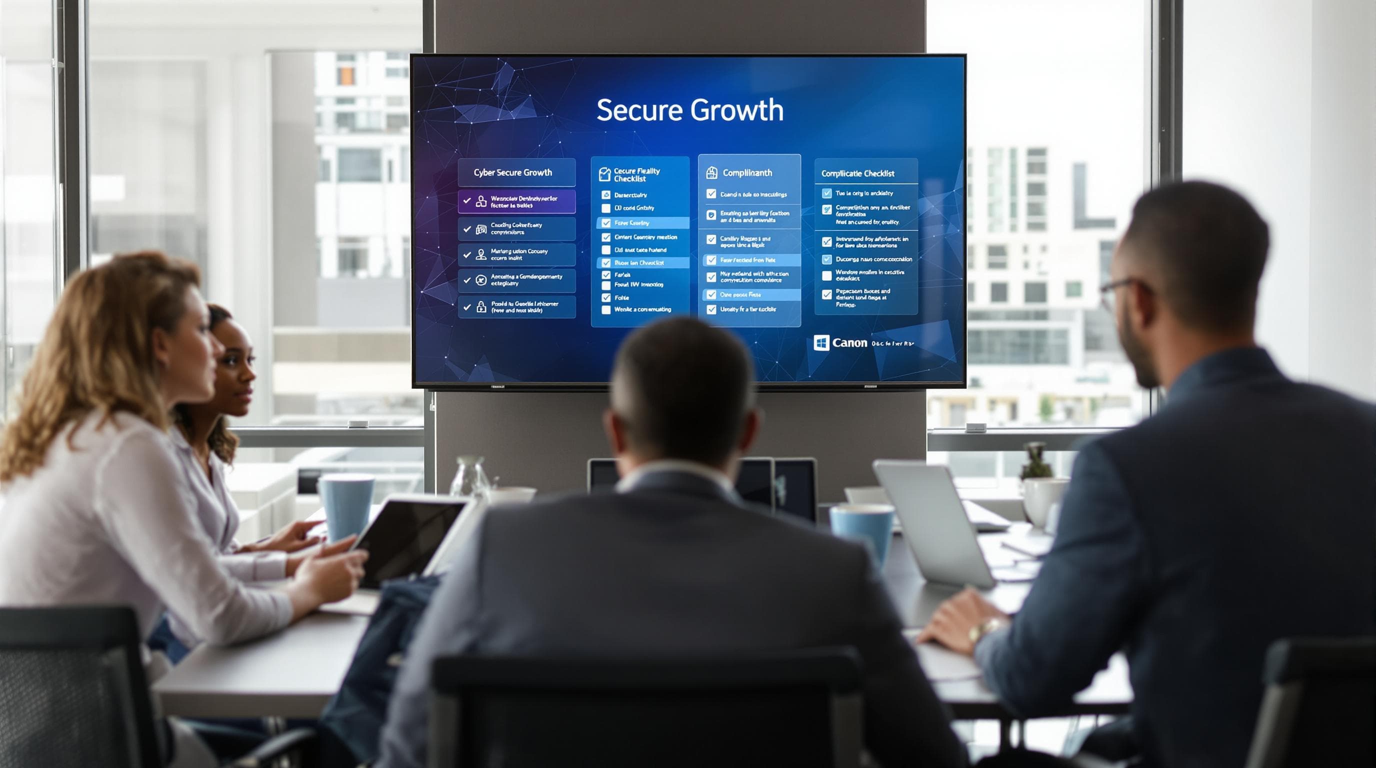 Modern office scene with IT and financial professionals, digital security charts, and 'Secure Growth' on screen