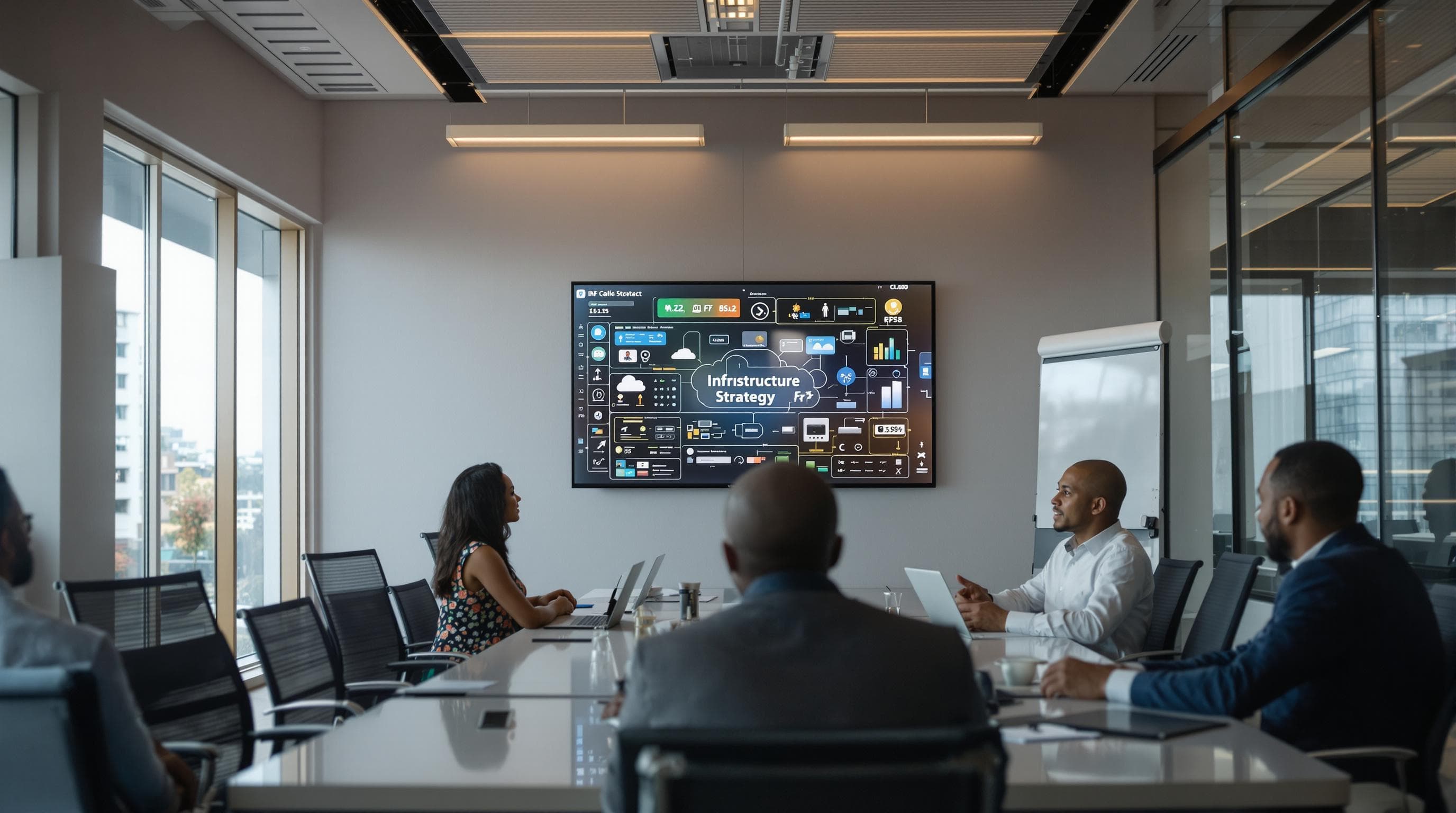 South African IT professionals planning infrastructure in a modern office with network diagrams on screen