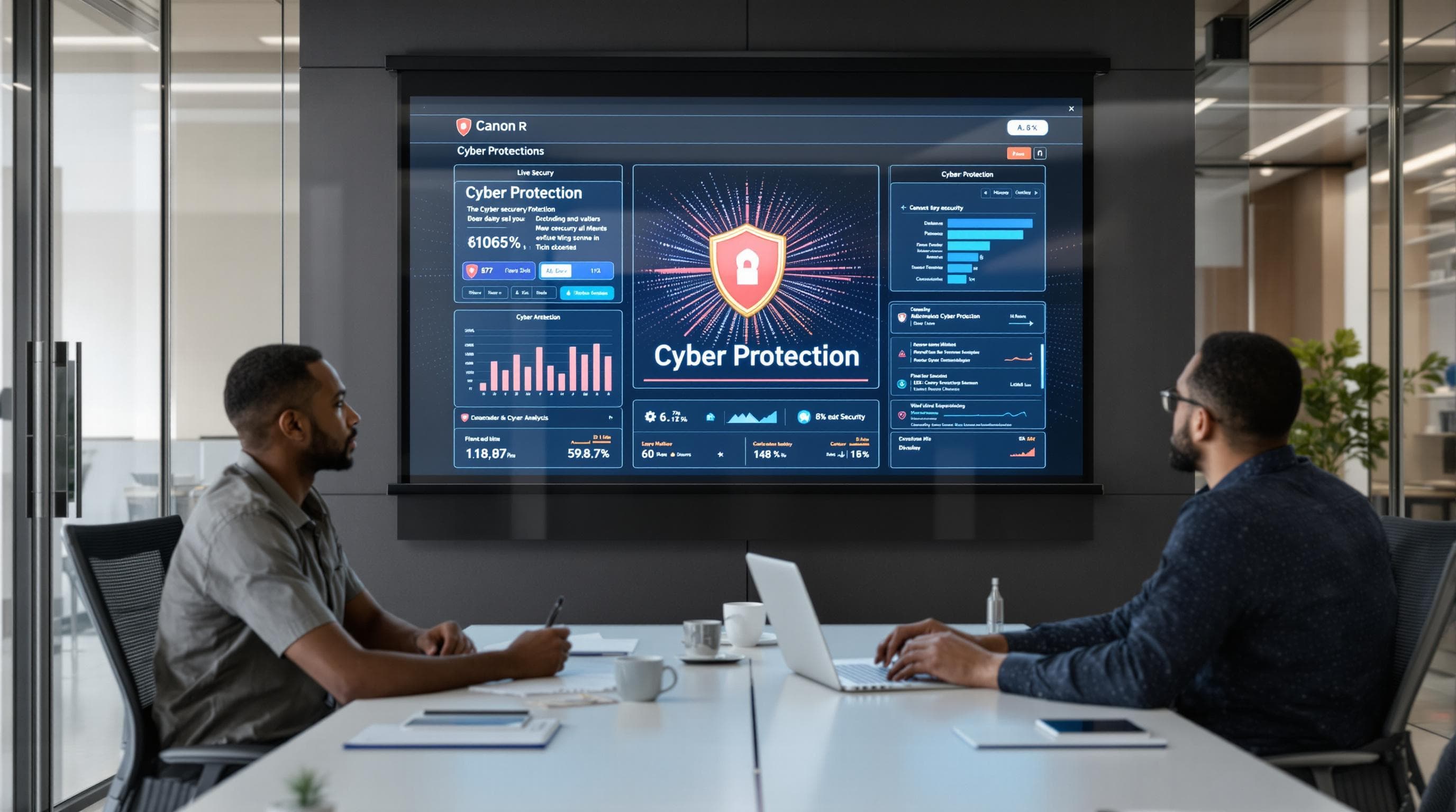 South African IT team reviewing cybersecurity dashboard with cyber protection label