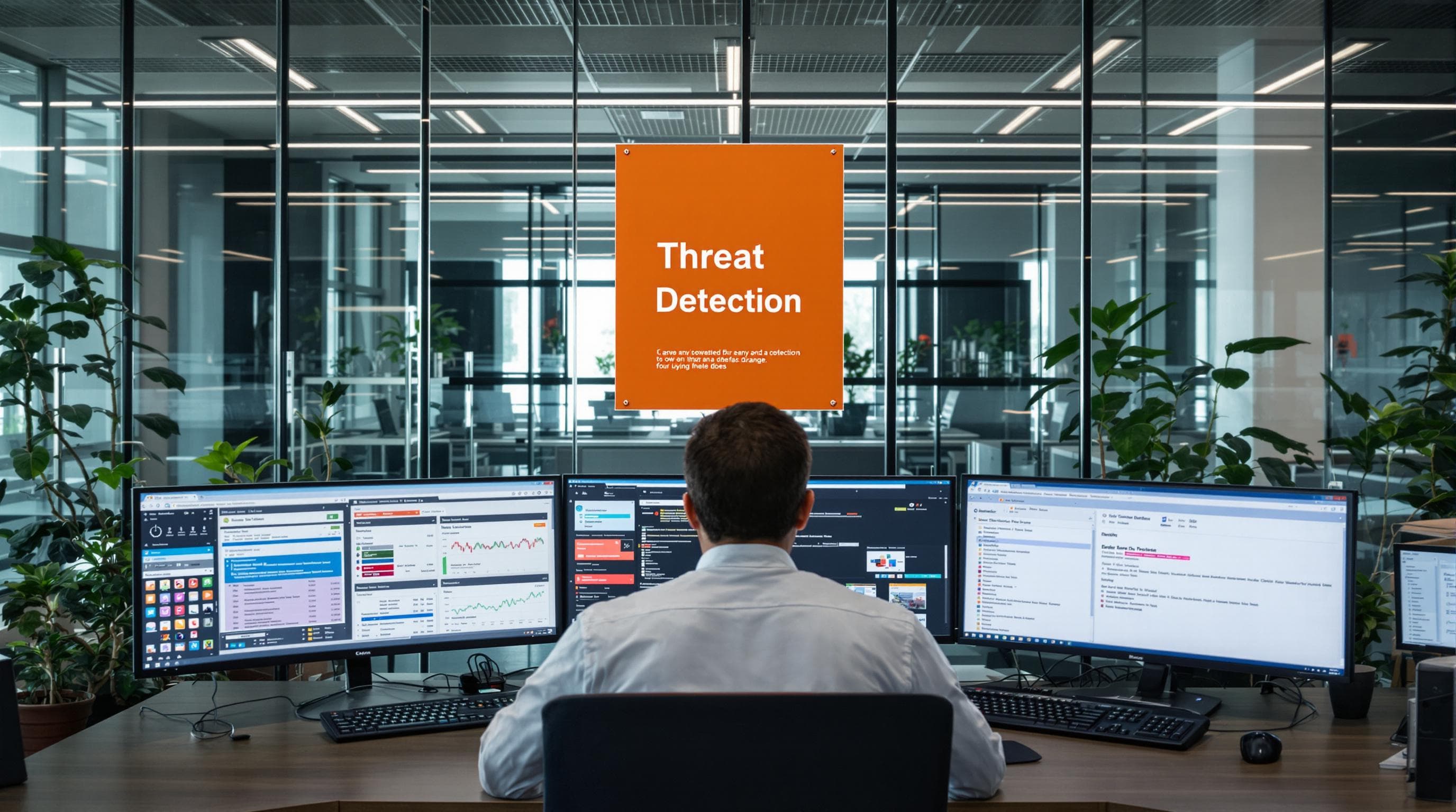 IT specialist monitors screens for threat detection and cyber risks