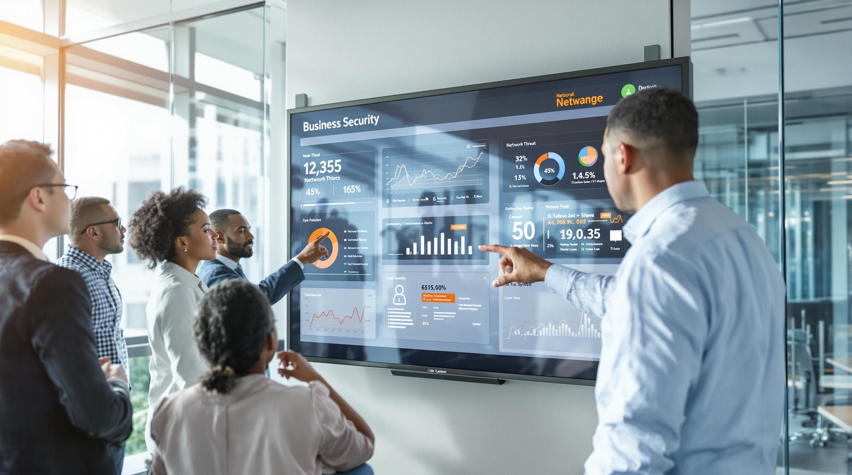 Executives reviewing network monitoring dashboard labeled Business Security