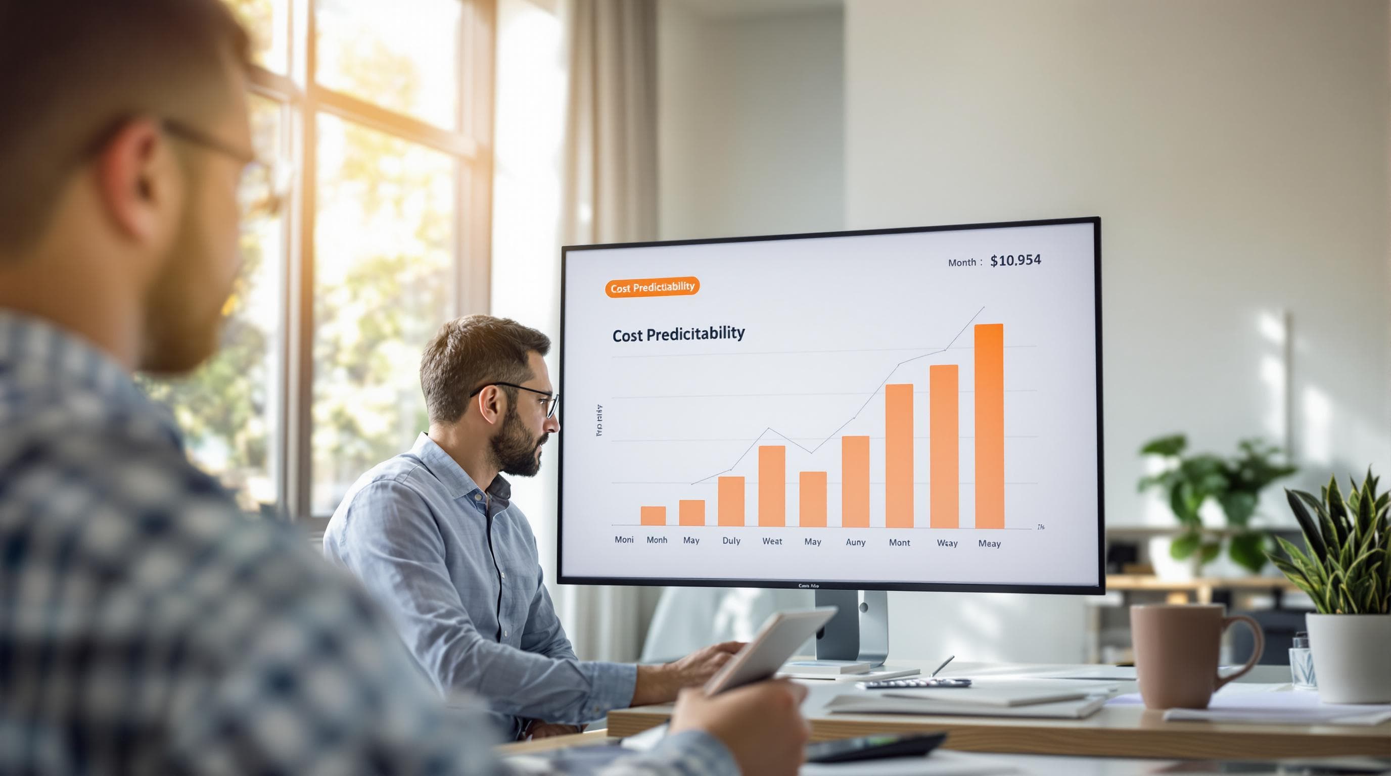Accountant reviewing IT budget with cost chart displaying predictable expenses