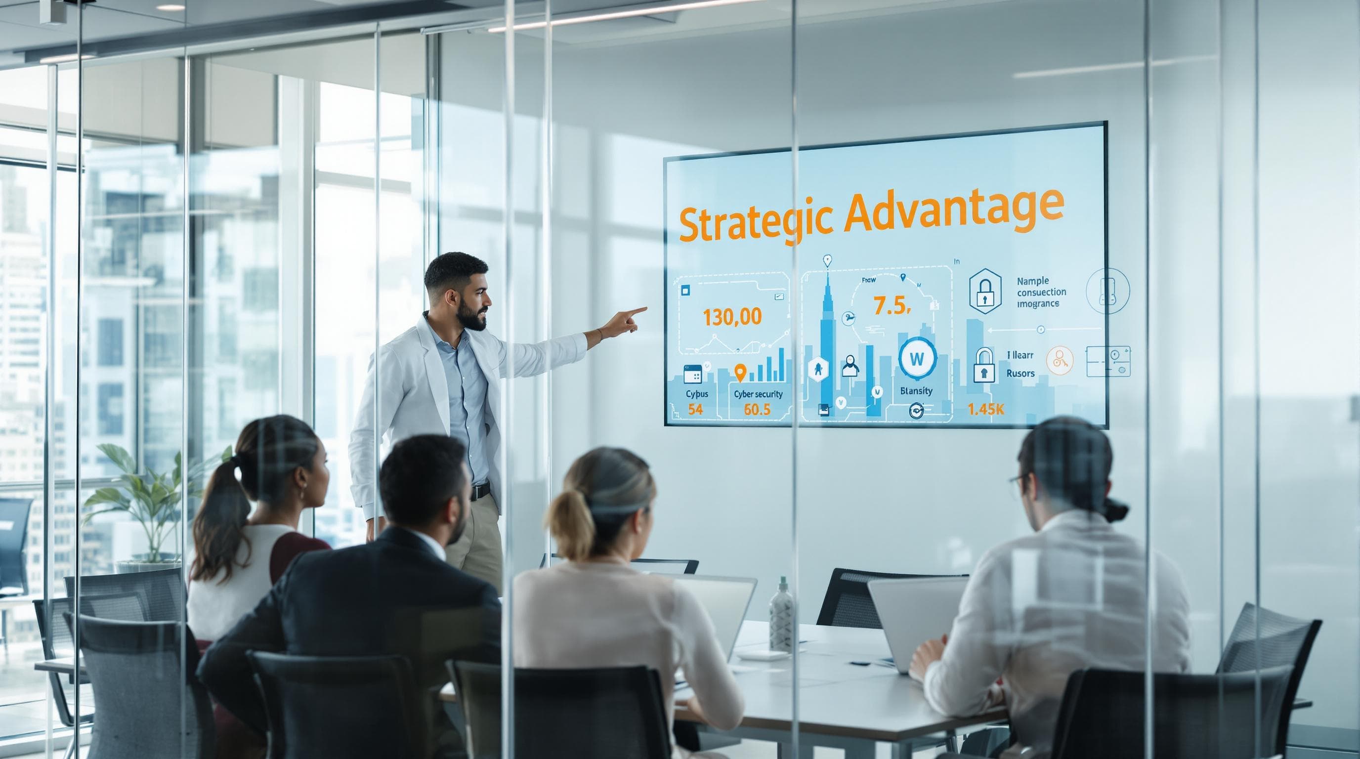 Business team with managed IT consultant in meeting room, strategic IT support discussion