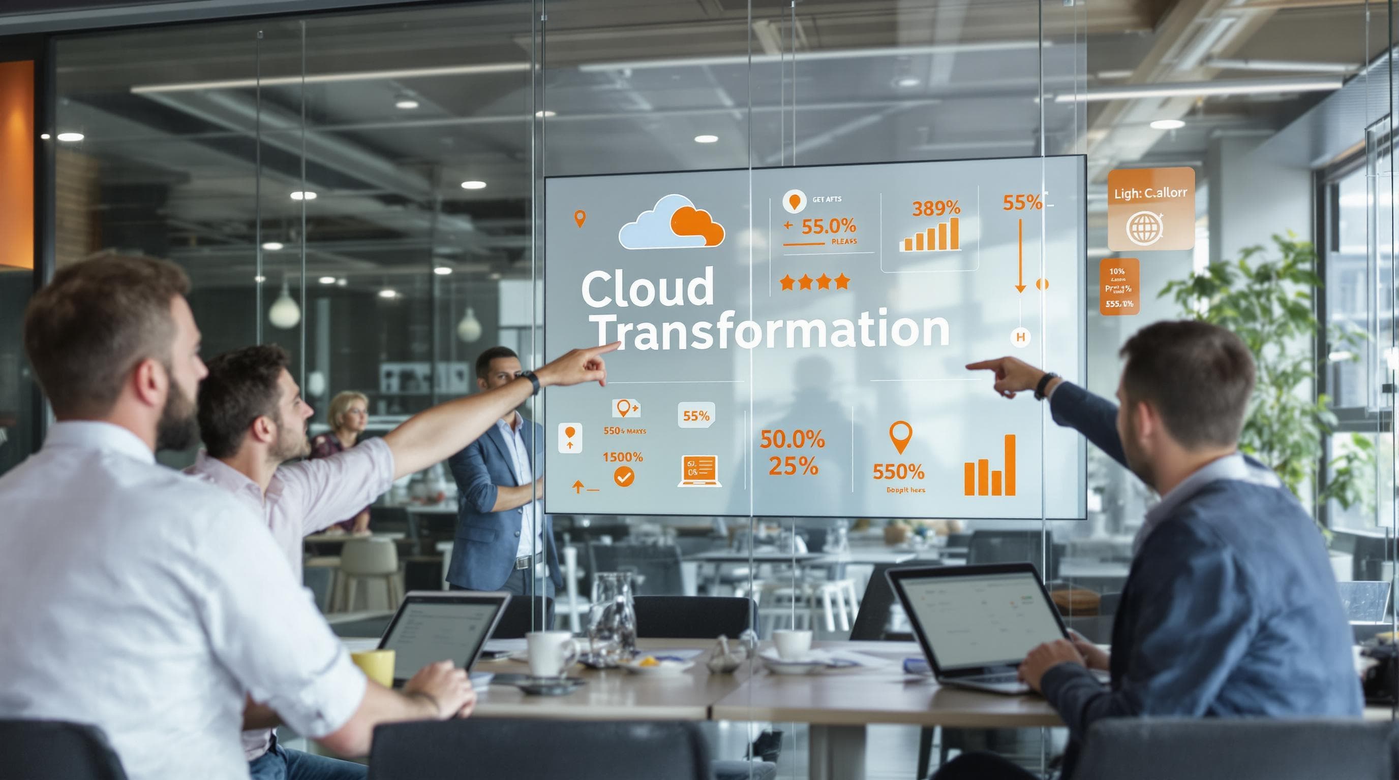 Business team collaborates in bright office with cloud diagrams and 'Cloud Transformation' text on a screen