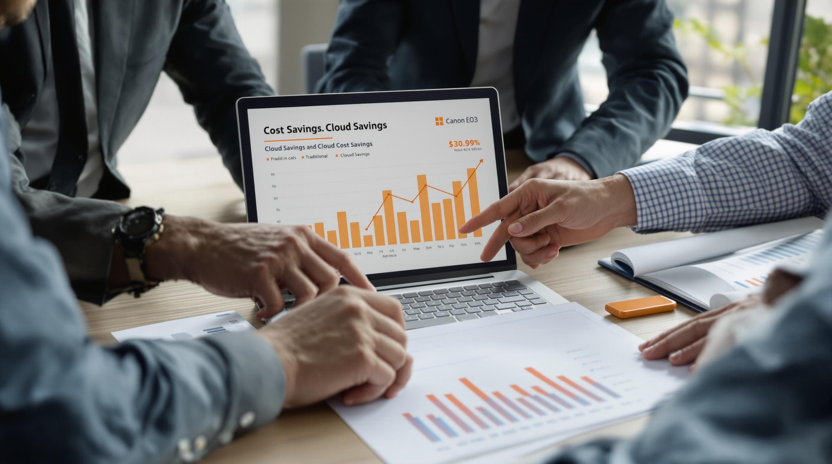 Colleagues analyze cloud IT budget graphs showing cost savings on a laptop screen