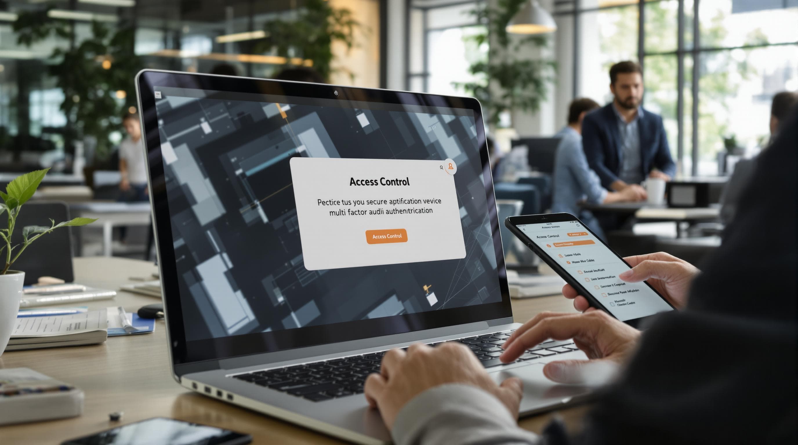 IT manager enabling access control with multi-factor authentication in busy office