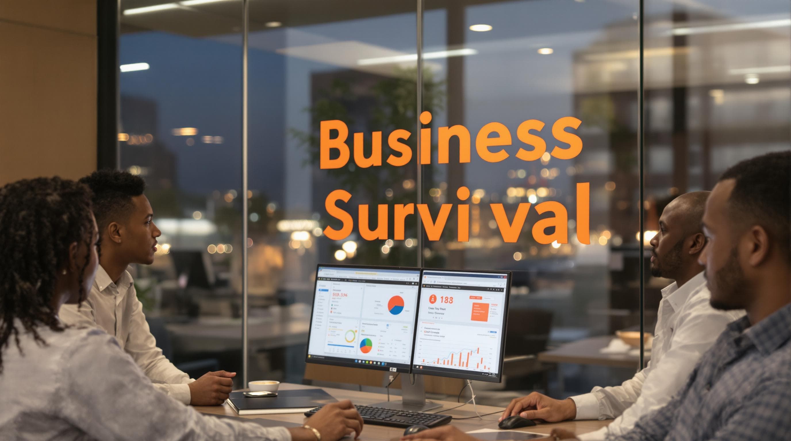 South African business team in office, collaborating on cloud security with 'Business Survival' written on glass