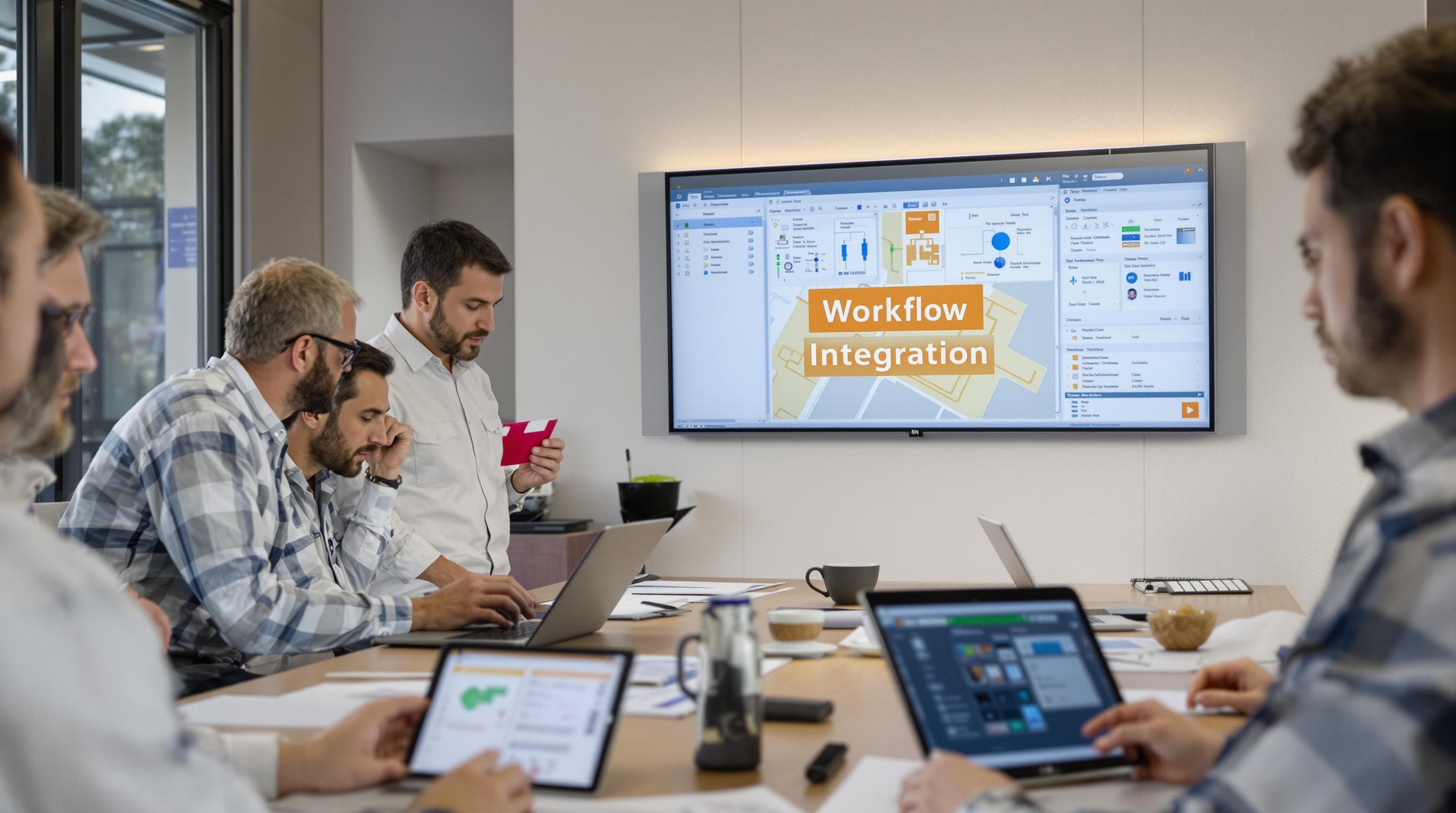 Engineering team reviews specialized IT and project software during a meeting